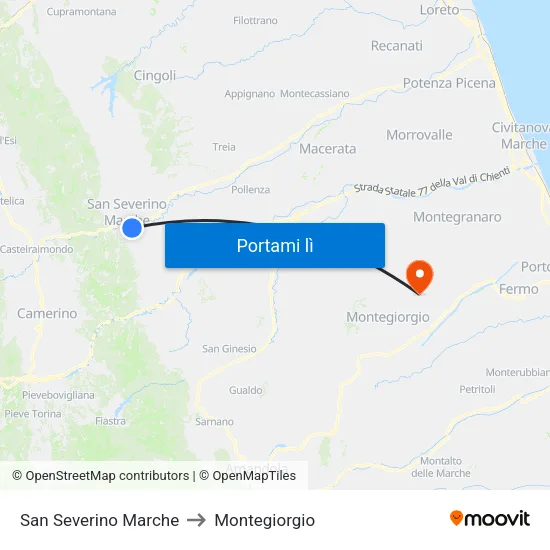 San Severino Marche to Montegiorgio map