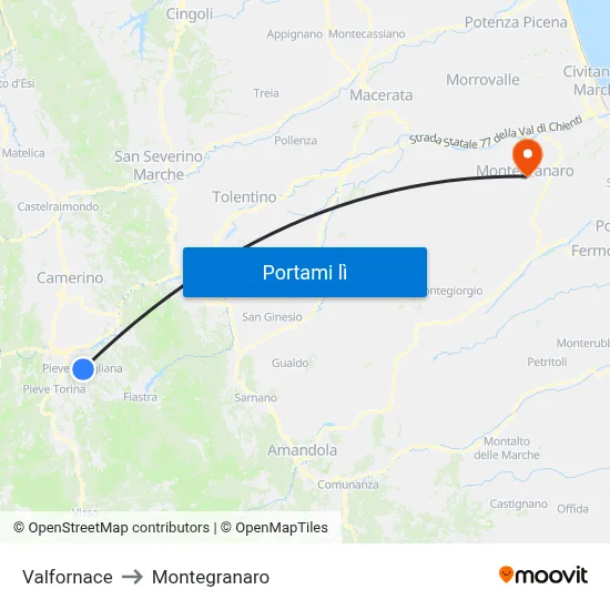 Valfornace to Montegranaro map