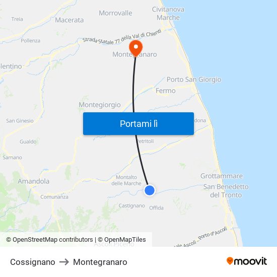 Cossignano to Montegranaro map