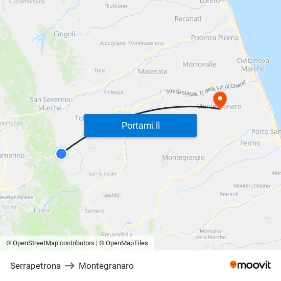 Serrapetrona to Montegranaro map