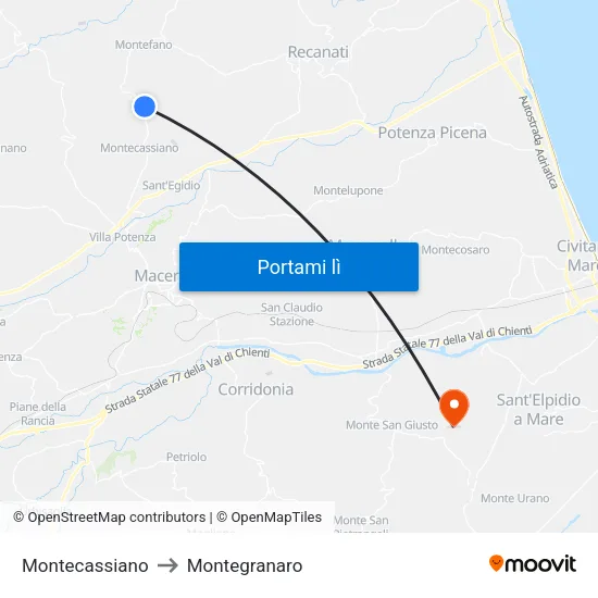 Montecassiano to Montegranaro map