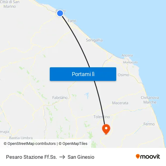 Pesaro Stazione FS to San Ginesio map