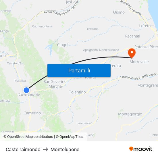 Castelraimondo to Montelupone map