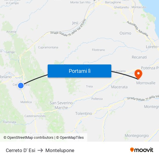 Cerreto D' Esi to Montelupone map