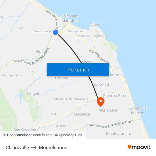 Chiaravalle to Montelupone map