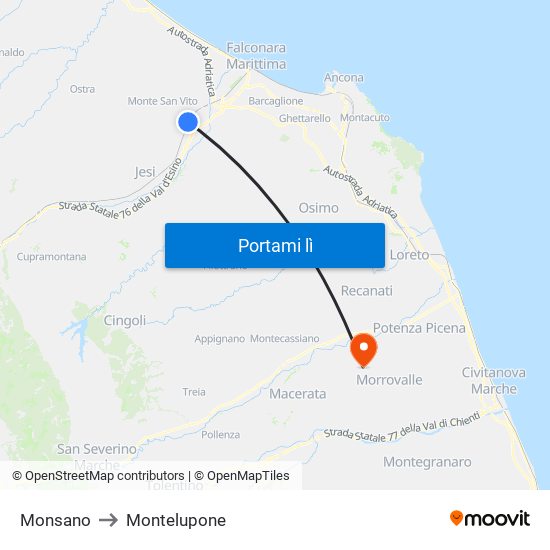 Monsano to Montelupone map