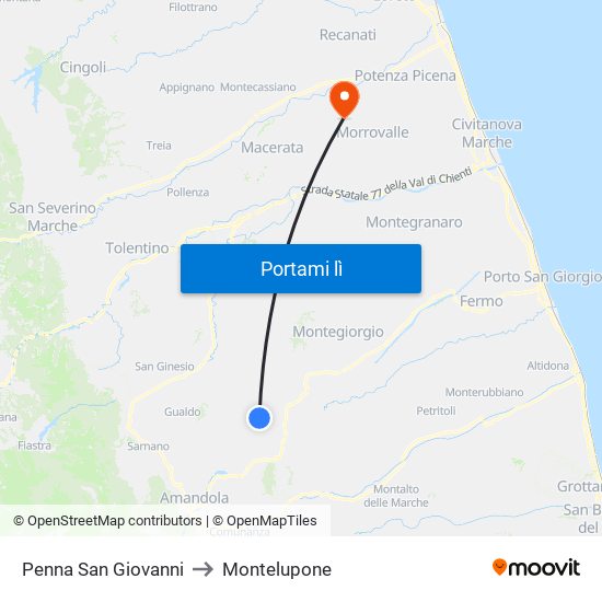 Penna San Giovanni to Montelupone map