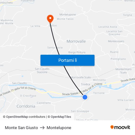 Monte San Giusto to Montelupone map