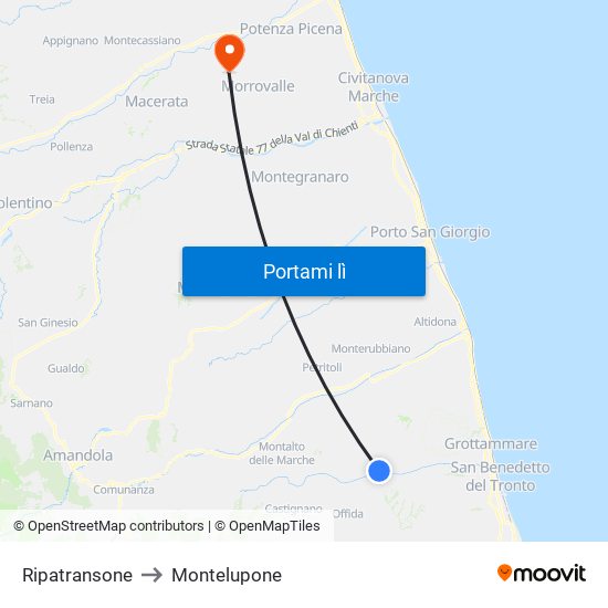 Ripatransone to Montelupone map