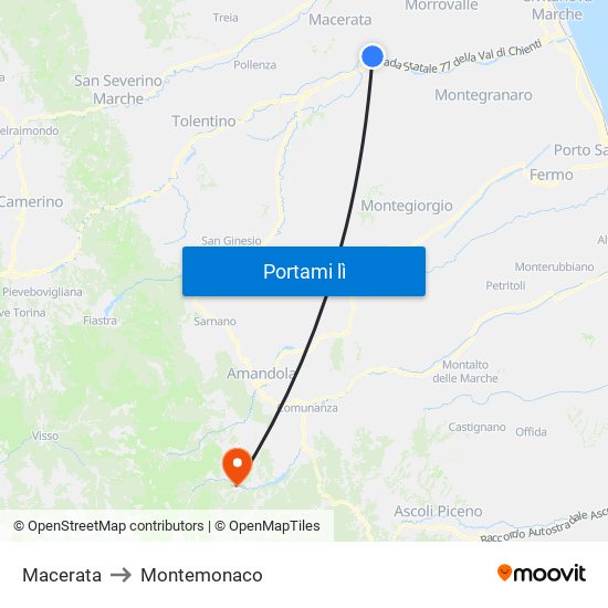 Macerata to Montemonaco map