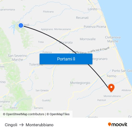 Cingoli to Monterubbiano map