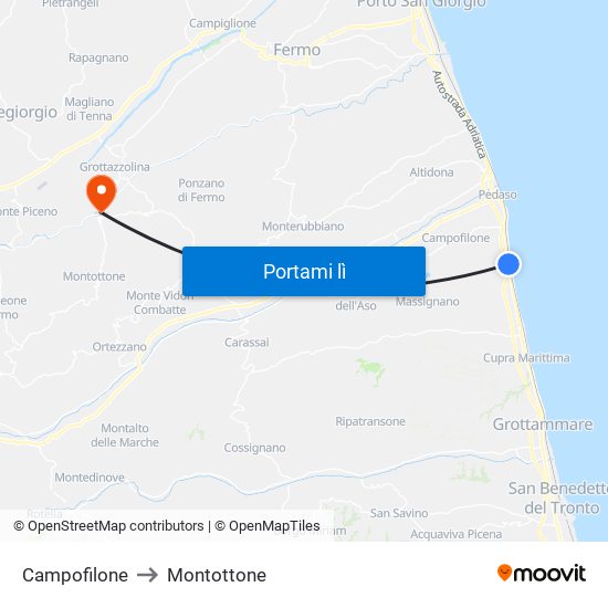 Campofilone to Montottone map