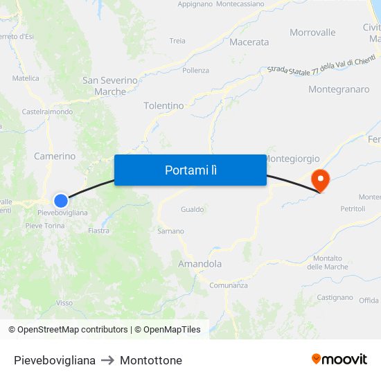 Pievebovigliana to Montottone map