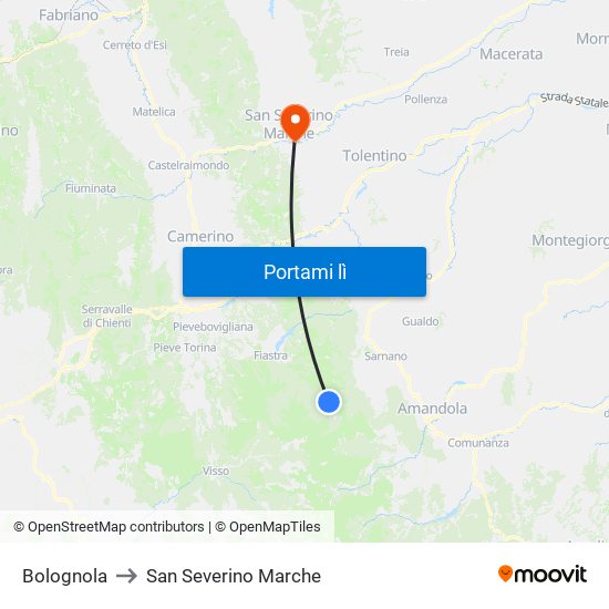 Bolognola to San Severino Marche map