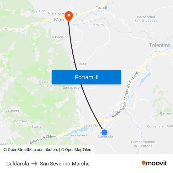 Caldarola to San Severino Marche map
