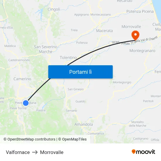 Valfornace to Morrovalle map