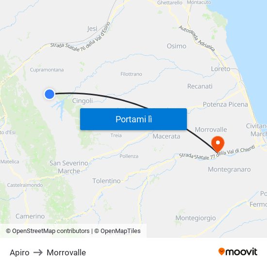 Apiro to Morrovalle map