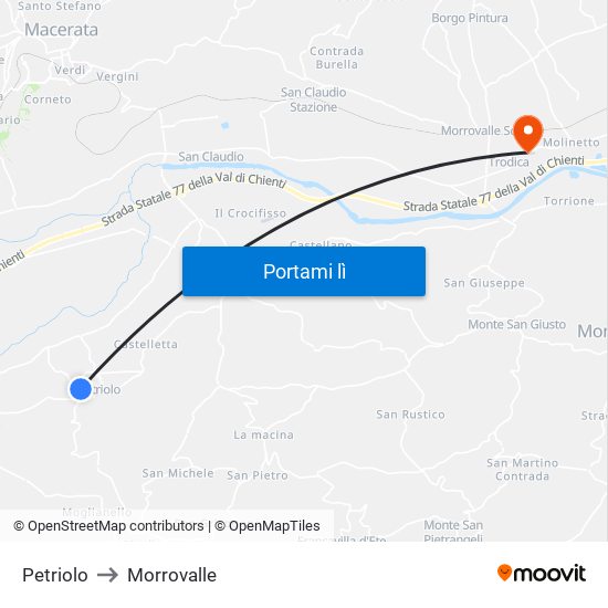 Petriolo to Morrovalle map