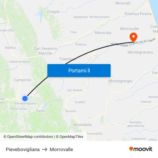 Pievebovigliana to Morrovalle map