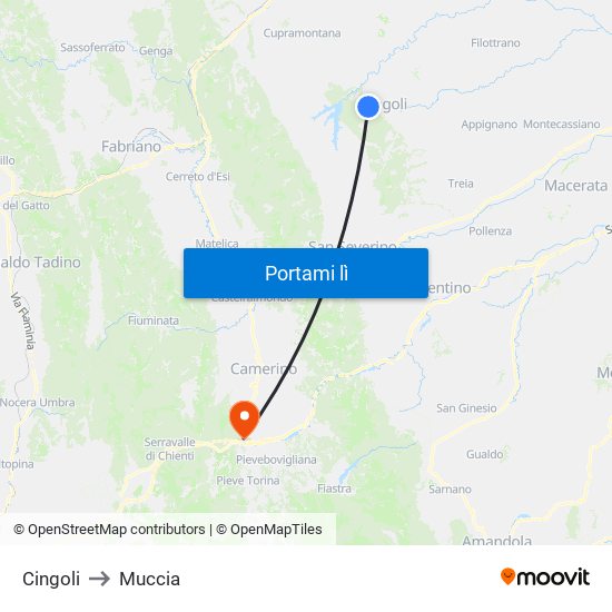 Cingoli to Muccia map