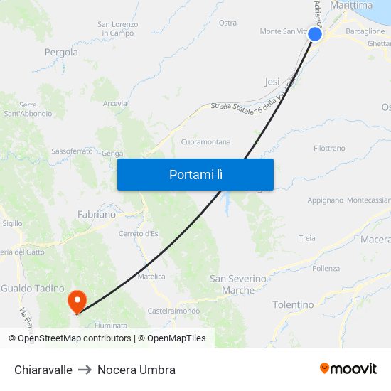 Chiaravalle to Nocera Umbra map