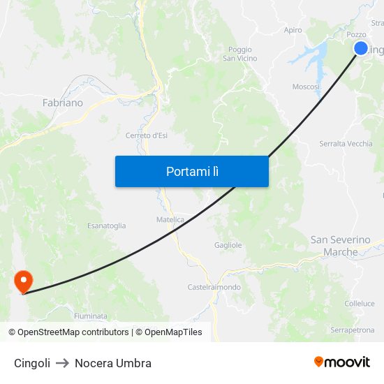 Cingoli to Nocera Umbra map