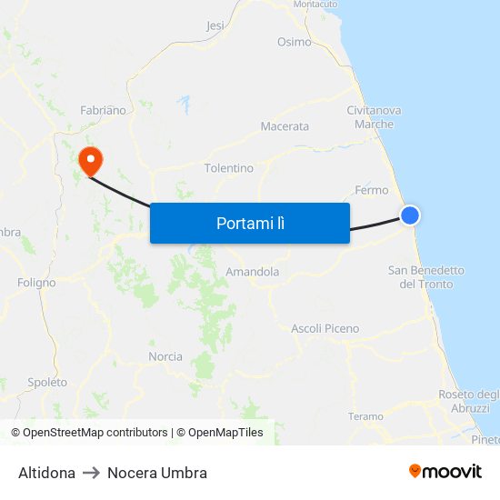 Altidona to Nocera Umbra map