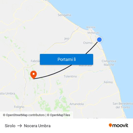 Sirolo to Nocera Umbra map