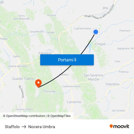 Staffolo to Nocera Umbra map