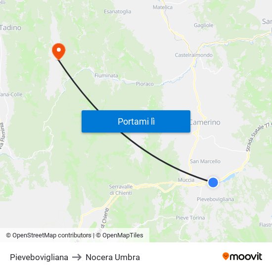 Pievebovigliana to Nocera Umbra map