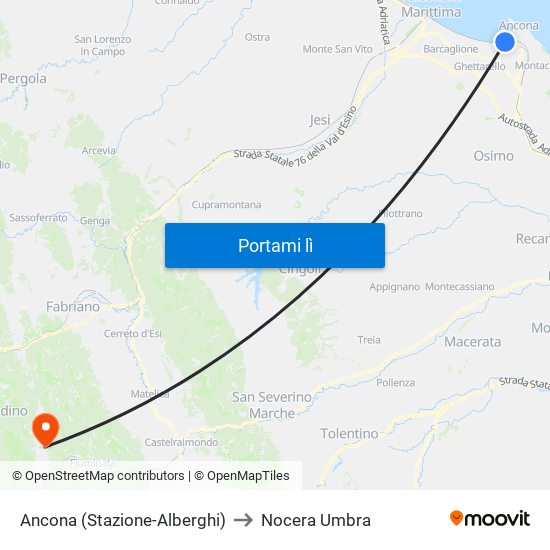 Ancona (Stazione-Alberghi) to Nocera Umbra map