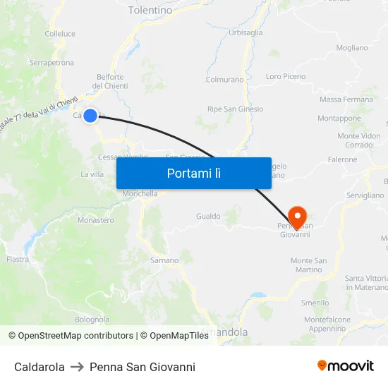 Caldarola to Penna San Giovanni map