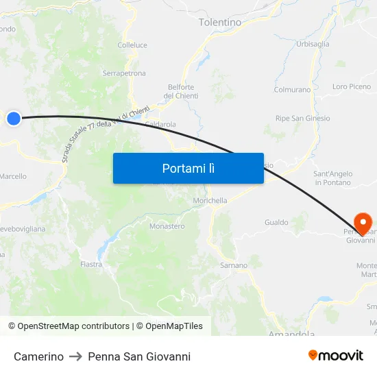 Camerino to Penna San Giovanni map