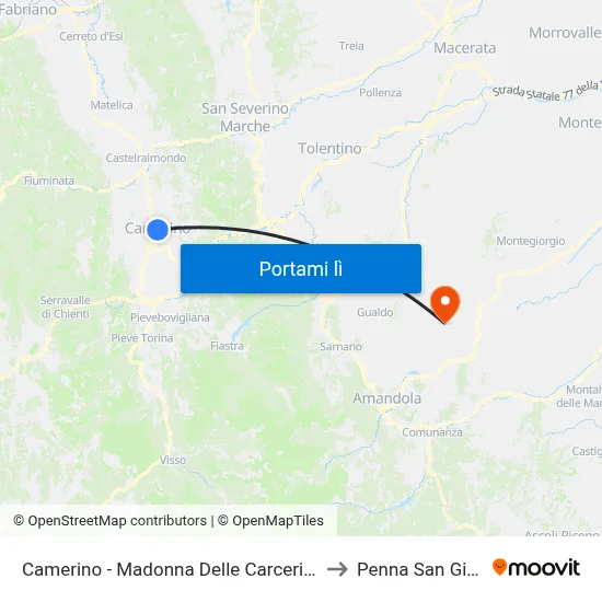 Camerino - Madonna Delle Carceri Inc. Unicam to Penna San Giovanni map