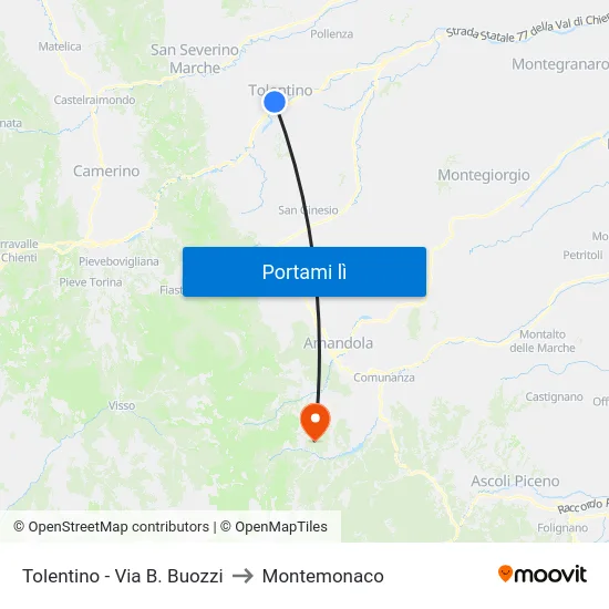 Tolentino - Via B. Buozzi to Montemonaco map