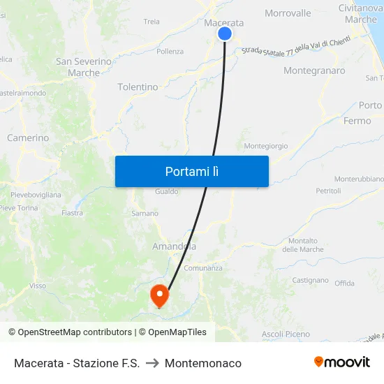 Macerata - Stazione F.S. to Montemonaco map