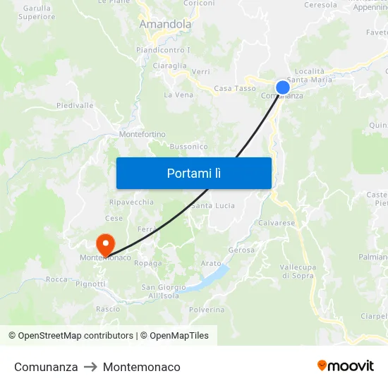 Comunanza to Montemonaco map