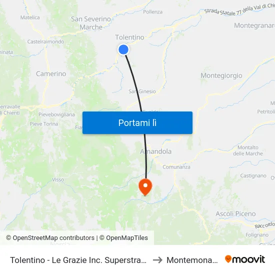 Tolentino - Le Grazie Inc. Superstrada to Montemonaco map
