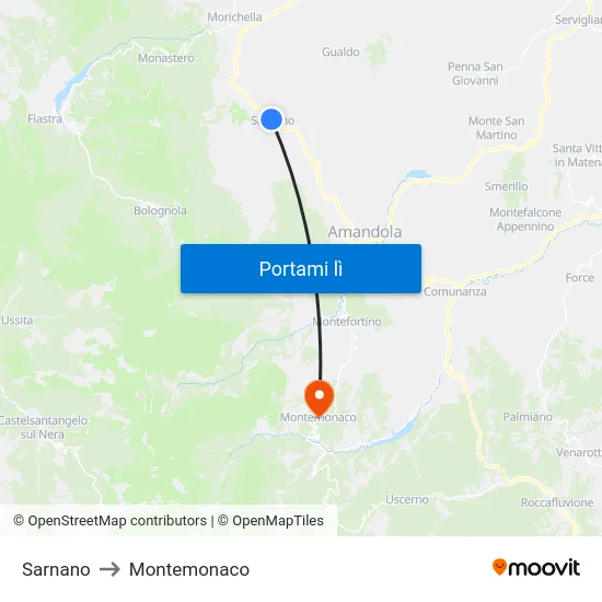 Sarnano to Montemonaco map