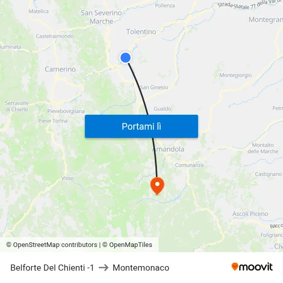 Belforte Del Chienti -1 to Montemonaco map