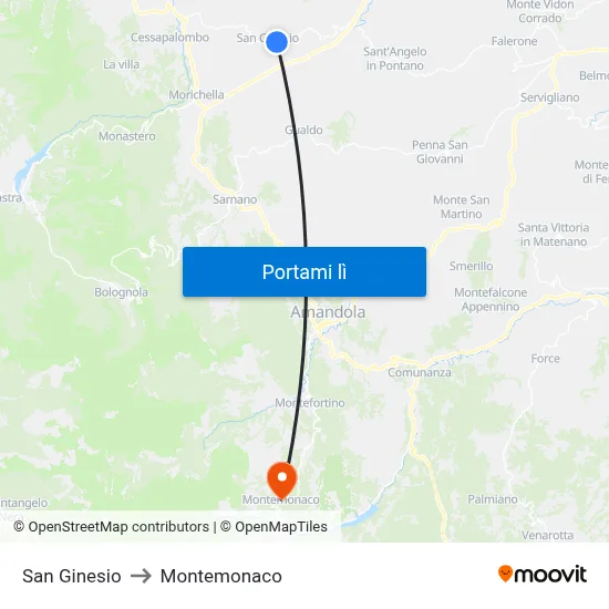 San Ginesio to Montemonaco map