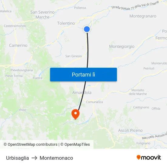 Urbisaglia to Montemonaco map