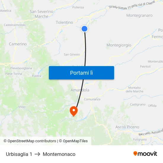 Urbisaglia 1 to Montemonaco map