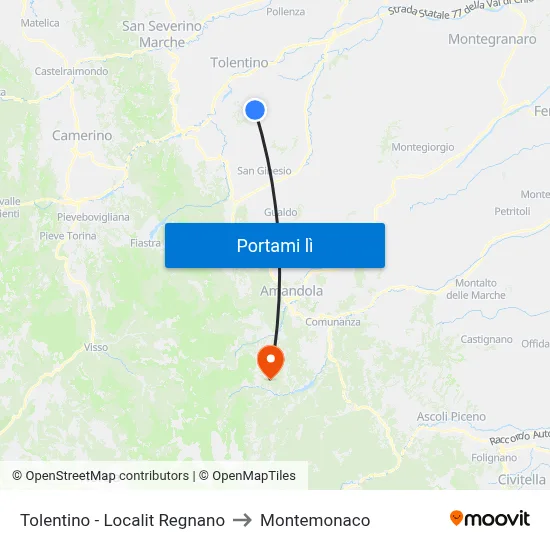 Tolentino - Localit Regnano to Montemonaco map