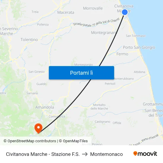Civitanova Marche - Stazione F.S. to Montemonaco map
