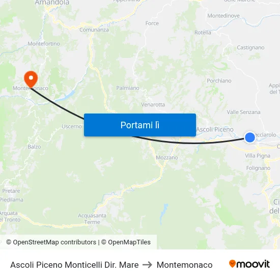 Ascoli Piceno Monticelli Dir. Mare to Montemonaco map