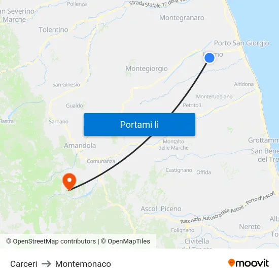 Carceri to Montemonaco map