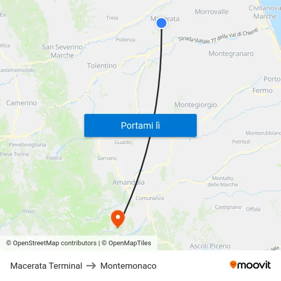 Macerata Terminal to Montemonaco map