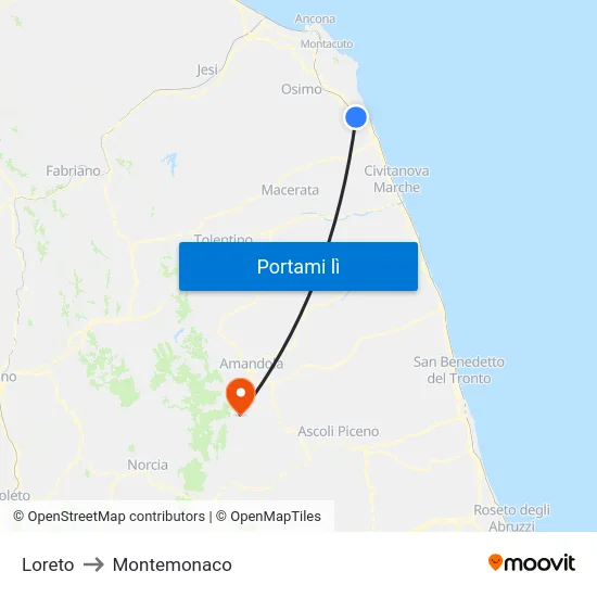 Loreto to Montemonaco map