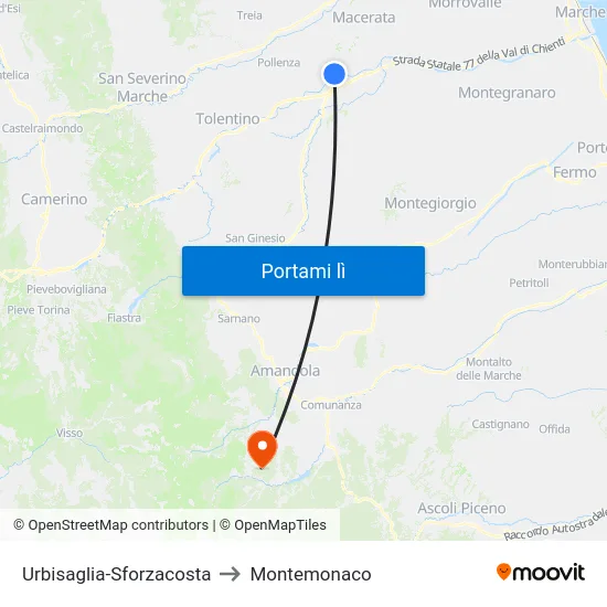Urbisaglia-Sforzacosta to Montemonaco map